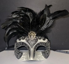 Masquerade Mask Hand Made Feather Black/Silver Mardi Gras Ball ITALIA Venice