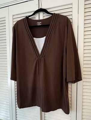 LIZ & ME Size 2X Top Brown w/ White Inset 3/4 Sleeve 22/24 Pullover Great!