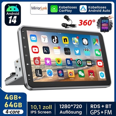 4+64GB Autoradio 1 DIN Android 14 Carplay Mit 10,1'' 360° Drehbar Bildschirm USB