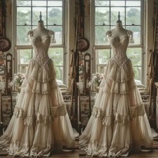 Medieval Vintage Wedding Dresses Short Sleeves Layered Ruffles Bridal Gowns