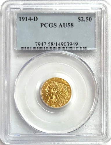 1914 D GOLD INDIAN HEAD $2.50 QUARTER EAGLE COIN PCGS ABOUT UNC 58
