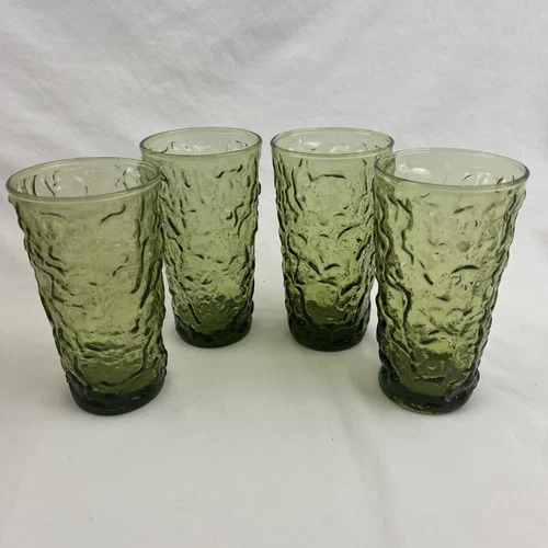 Vintage 5 1/2" Anchor Hocking Milano Lido Avocado Green Glasses, Set of 4- 12oz