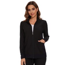 Scrub Jackets for Woman, Zip Front Nurse Jacket, 4-Way Stretch Fabric - Black, M