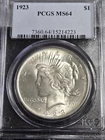 1923 US Silver $1 Peace Dollar PCGS MS64 Old Blue Holder
