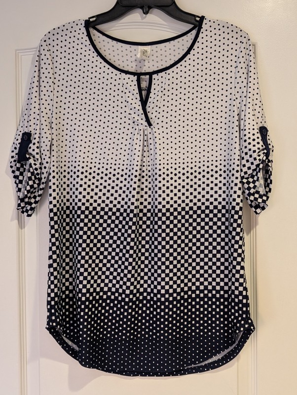 PerSeption Navy & White Dot Cut Out Button Sleeve Top Shirt Blouse Ladies Large