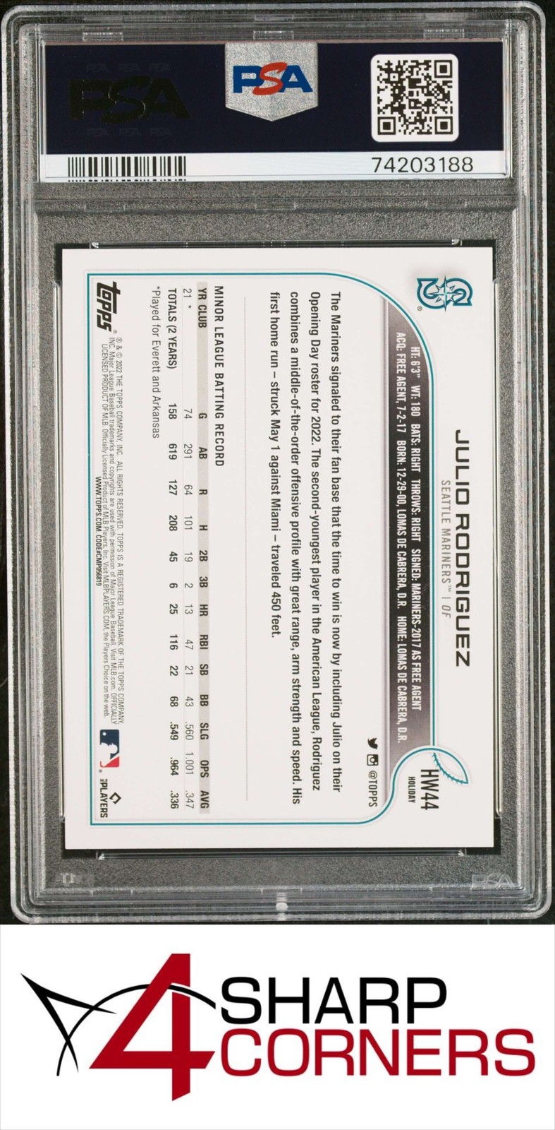 2022 TOPPS HOLIDAY SP #HW44 JULIO RODRIGUEZ RC PSA 10 view 2
