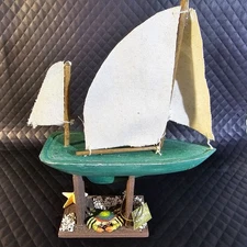 Wooden Xmas Sailboat Canvas Sails Nautical VTG Handcrafted 8x10" Roman Inc NOS