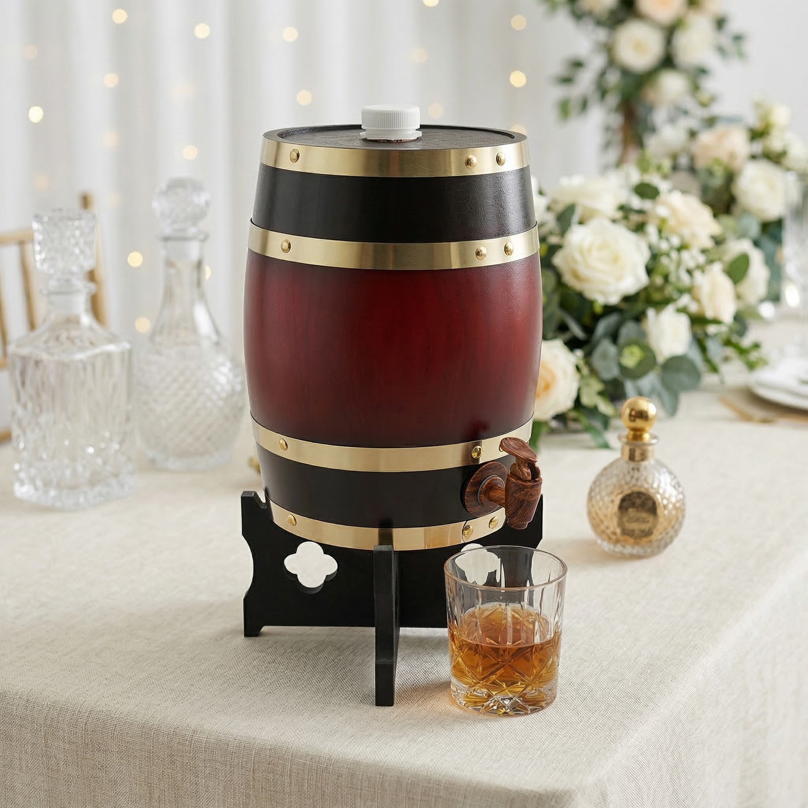 5L Wine Barrel Bar Kitchen Wooden Whiskey Beer Aging Barrel with Base & Faucet