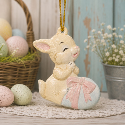 Alberta's A-319 Ceramic Slip Mold Happy Bunny Holding Egg Easter Ornament 3.5''