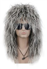 Adult Men Women Long Curly Gray Gradient White Wig 70s 80s Rocker Mullet Hall...
