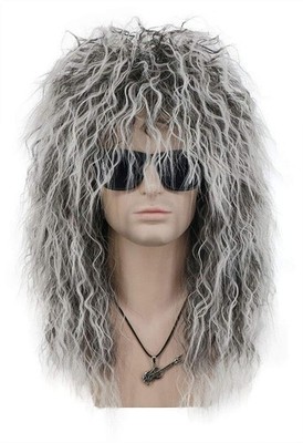 Adult Men Women Long Curly Gray Gradient White Wig 70s 80s Rocker Mullet Hall...