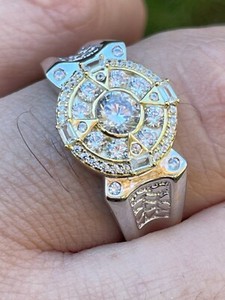 Authentic Men's 14k Gold Plated Real 925 Silver Iced CZ Solitaire Pinky Compass Star Ring