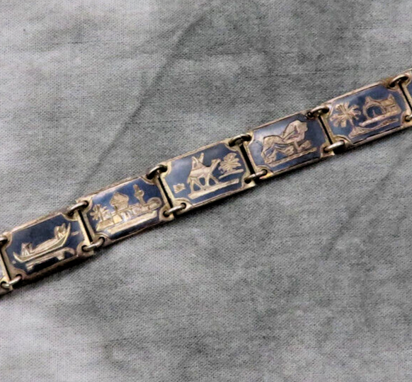 Asian Bracelet Vintage Sterling Silver Etched Panel Link