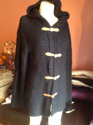 525 America Black Knit SEAMLESS TOGGLE BUTTON Hooded COAT  JUCKET Cape  SZ S