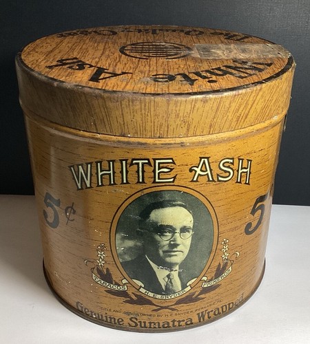 Antique White Ash 5 Cent Cigar Tobacco Advertising Tin PERKASIE, PA ©1928 EMPTY