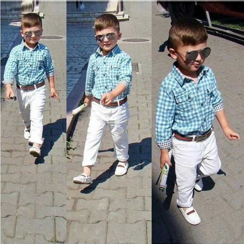 3PCS Kids Baby Boys Plaids Shirt White Pants Belt Set Kids Casual Clothes Set