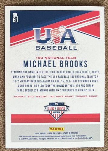 2018 Panini Stars & Stripes Longevity Michael Brooks Rookie #61 USA Baseball - Picture 2 of 2
