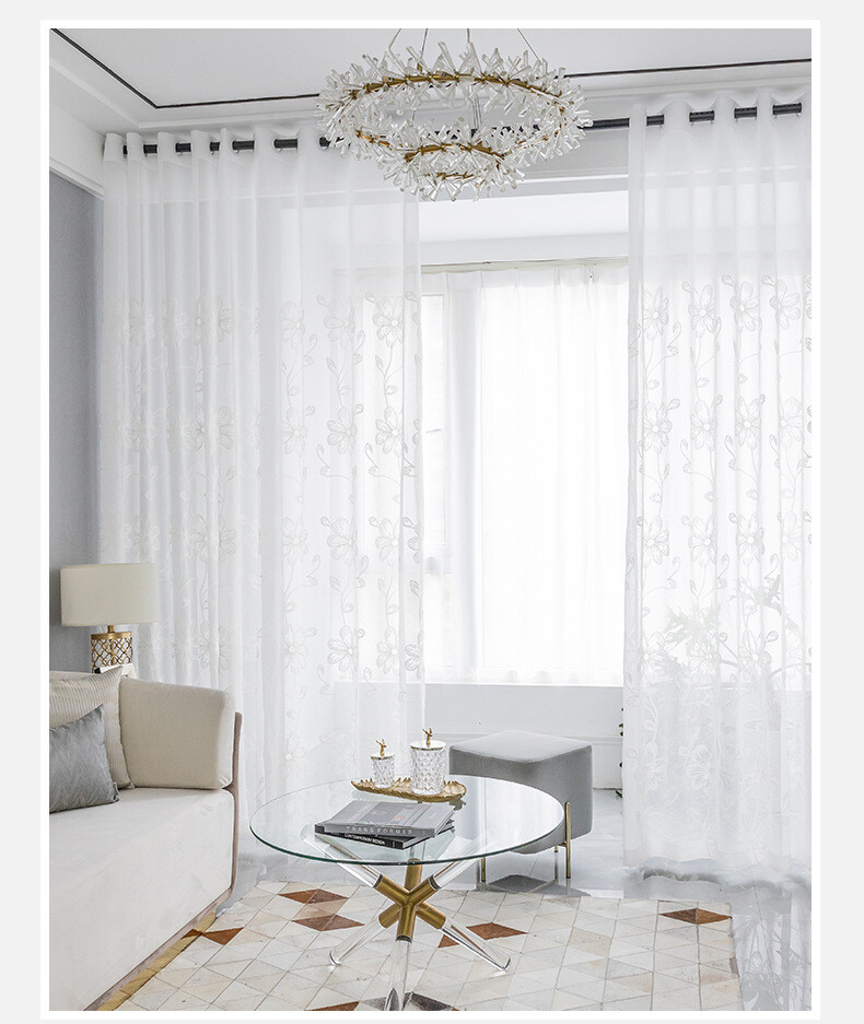 Rural Style Pure Color Embroidery Translucent Gauze Curtains Bedroom ...