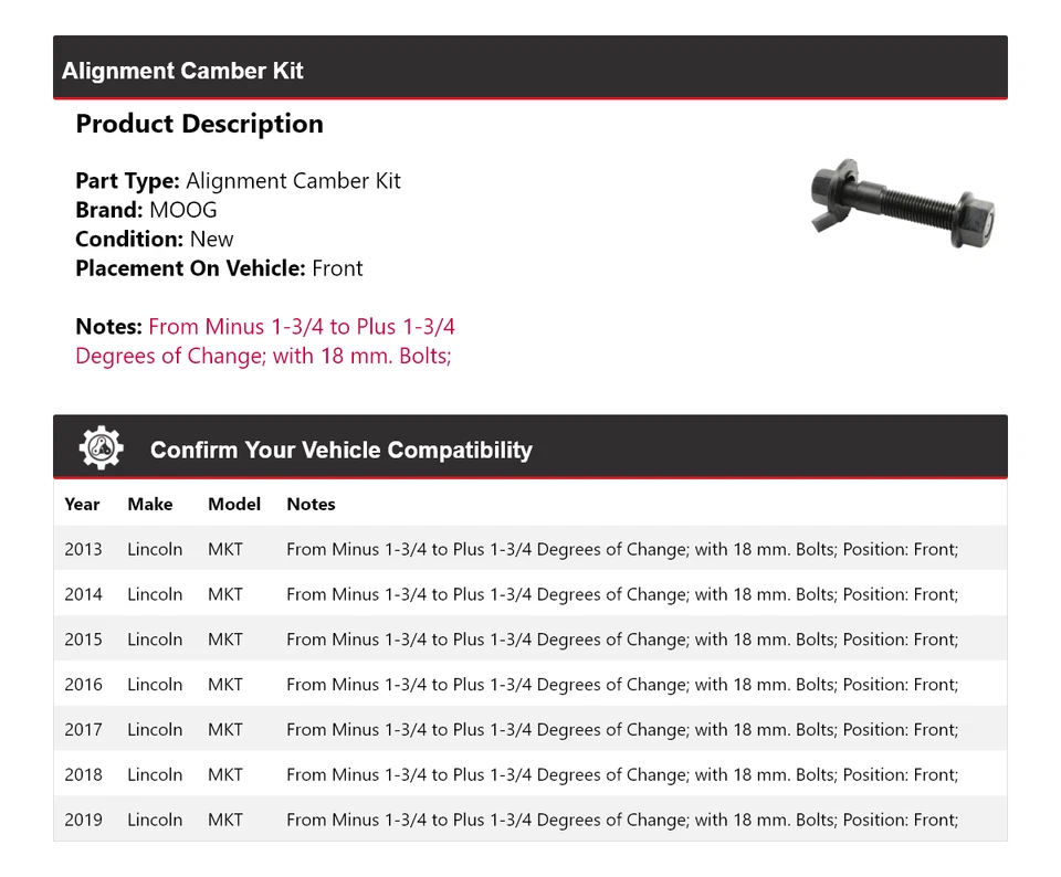 Kit de inclinación delantera para Lincoln MKT 2013-2019 MOOG 2013 2014 2015 2016 Foto 2 de 4