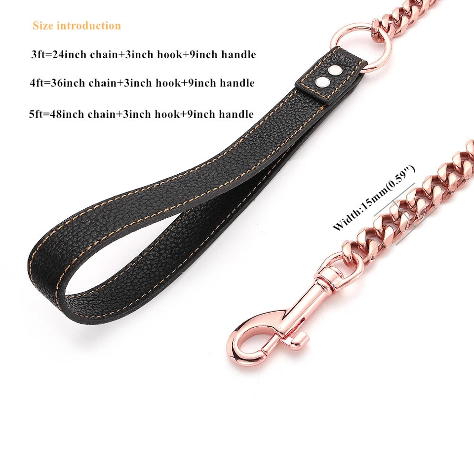 11/15mm Rose Gold Tone Stainless Steel Cuban Link Dog Chain Leash Leather Handle - Image 3 of 4