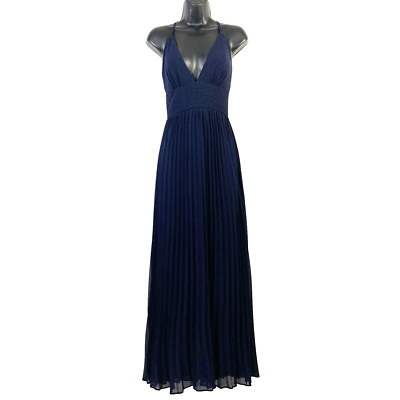 Lulus S Dress Maxi Depths of My Love Navy Blue deep V pleated chiffon gown forma