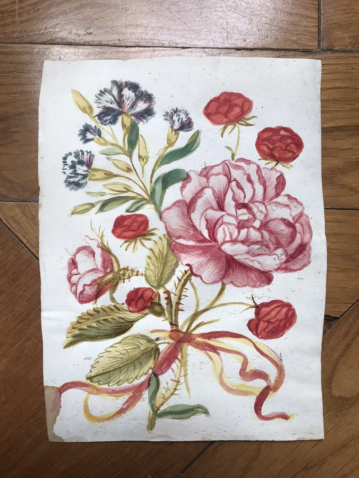 ÉCOLE FRANÇAISE DESSIN ANCIEN GOUACHE SUR VÉLIN FLEURS XVIII 18eme MINIATURE - Photo 4/4