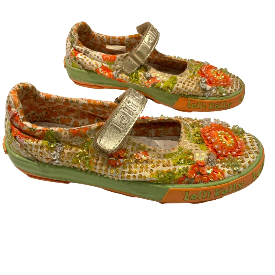 Sapatos femininos Lelli Kelly Boutique alça frisada Mary Janes 35 laranja verde floral - Imagem 2 de 4