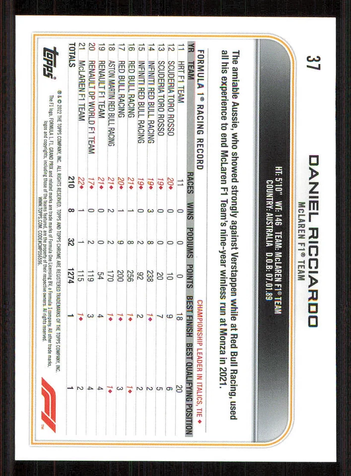 2022 Topps Chrome Formula 1 #37 Daniel Ricciardo - Image 2 of 2
