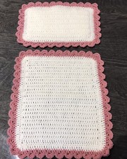 Hand Knitted Crochet Blanket and Pillow Set Pink and White for Small Doll New