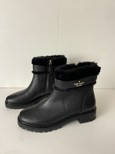 Kate Spade New York Bailee Winter Boots Black Leather Bootie Faux Fur Trim Sz 6 - Picture 4 of 8