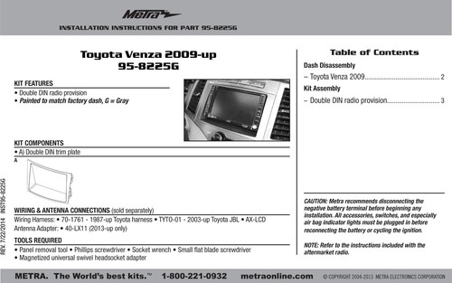 95-8225G Double Din Radio Install Dash Kit for Venza w/ JBL, Car Stereo Mount - Picture 4 of 4