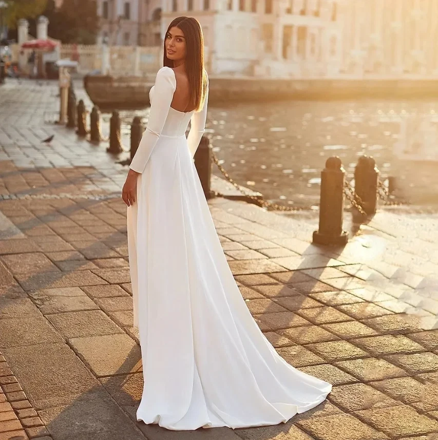 Boho Long Wedding Dresses Square Collar Satin Full Sleeves A Line Open Back - Image 2 of 4