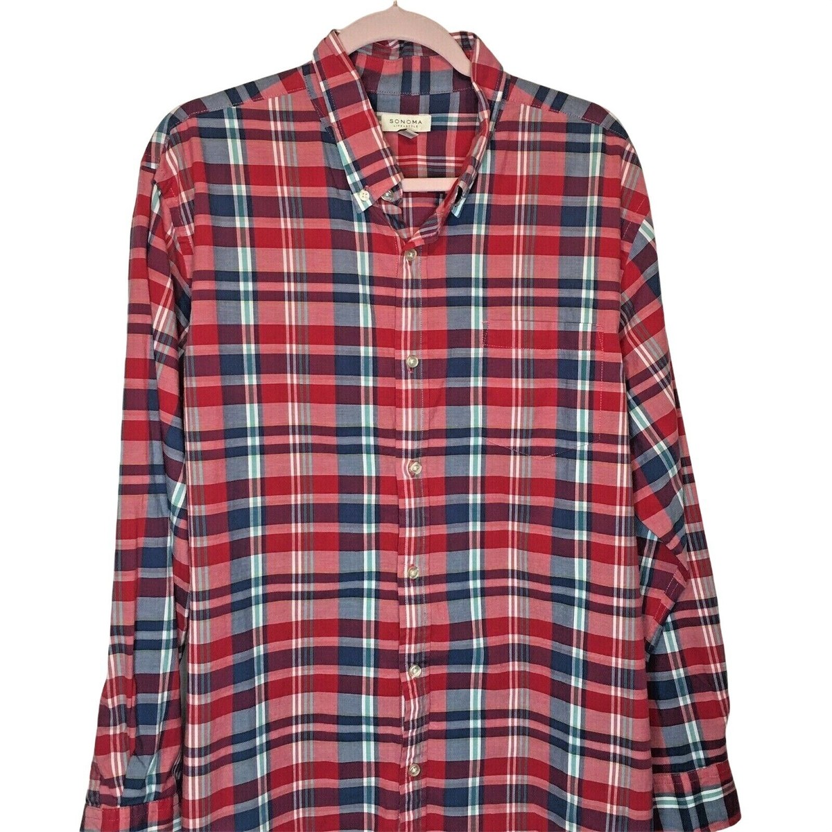 Mens Button Down Shirt Sonoma XL Front Pocket Button Cuffs Plaid u