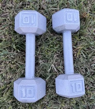 PAIR OF 2 SILVER CAP 10 POUND HEX CAST IRON DUMBELLS