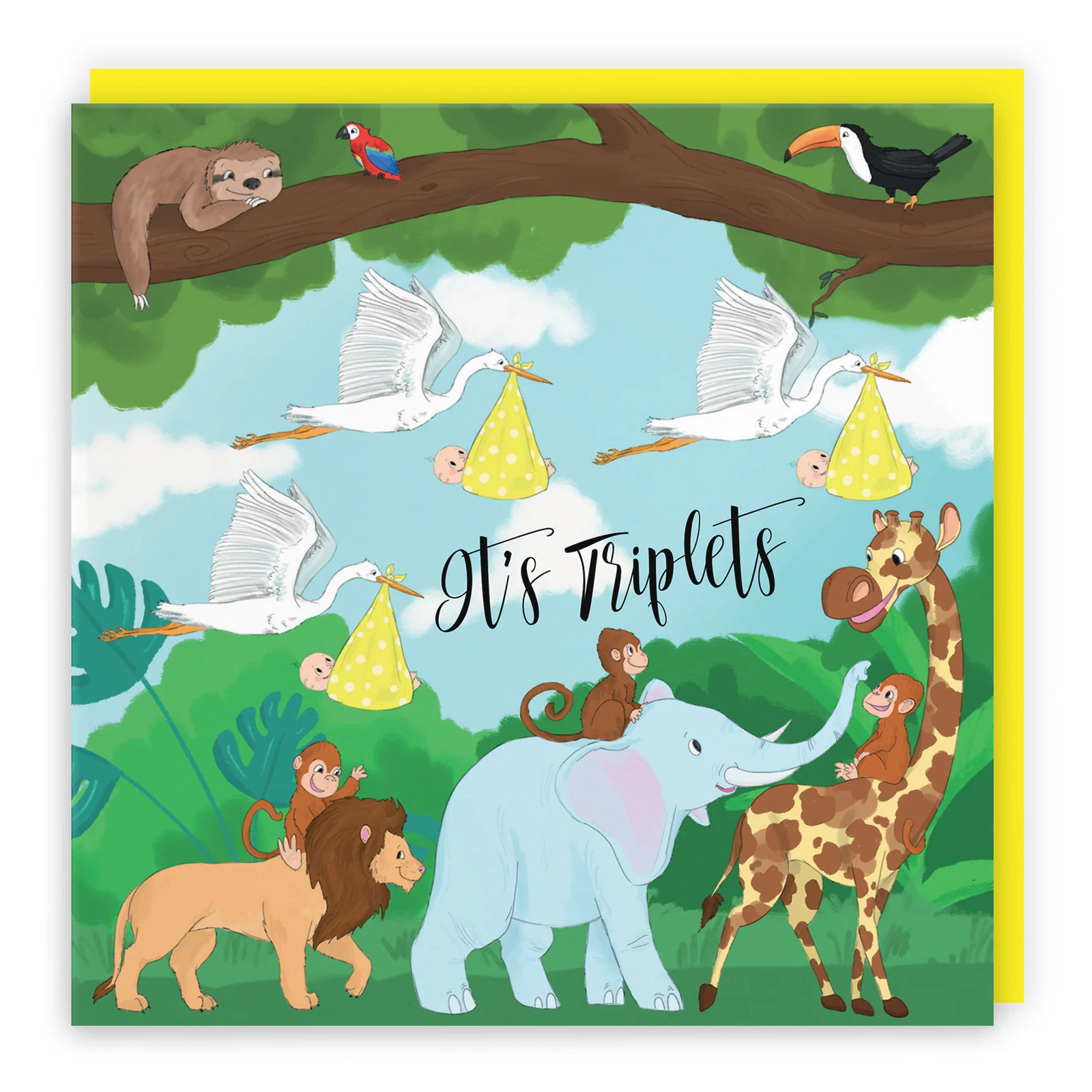 New Baby Triplets Congratulations Card Stork Jungle