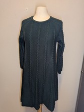 JH Design Medium Green Cable Knit Sweater Dress With 3/4 Sleeves & Round Neck