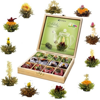 Creano Teeblumen Geschenkset in Teekiste aus Holz 12 Erblühtee in 11 Sorten