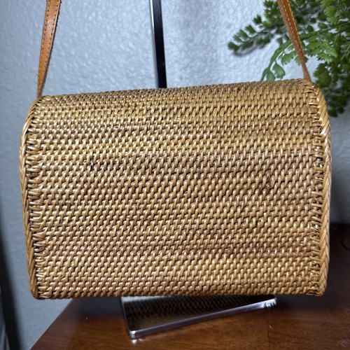 Bandolera de ratán Bolso de mimbre Cartera Floral Forrada Cuero Borde Boho Paja Bali - Imagen 7 de 22