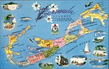 Vintage Bermuda Islands Illustrated Map Postcard 1960s Hotels Parishes Chrome