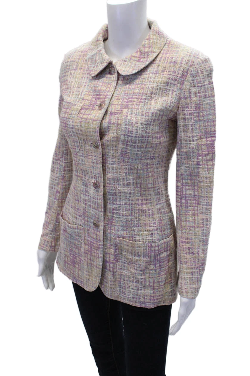 Chanel Boutique giacca tweed donna bottoni davanti vintage bianco viola FR 36 98P