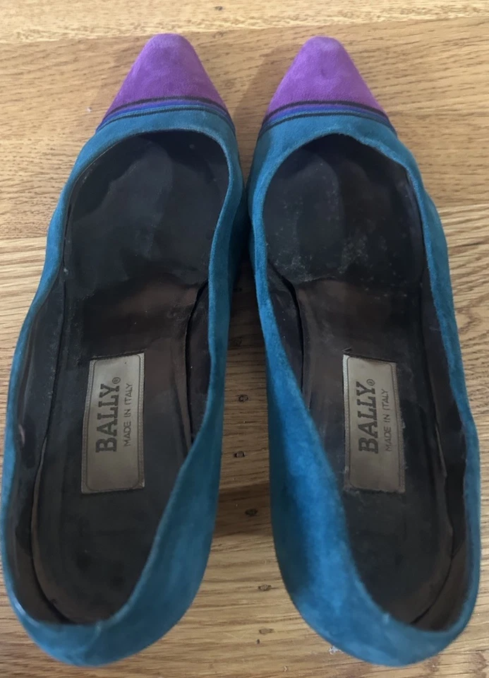 VTG 80’s Bally Suede Color Block Pump Teal Fuchsia 10 M 3 In Heel Made In Italy - Image 2 of 4