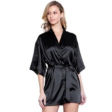 Satin Robe 3/4 Long Sleeves Sash Tie Front Short Length V Neck Black 1947 Small