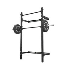 BLK BOX - Gym fold away squat rack, Olympic weight bar, bench and weights.