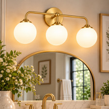 3-Light Brushed Gold Vanity Light   Milky White Globe Shades