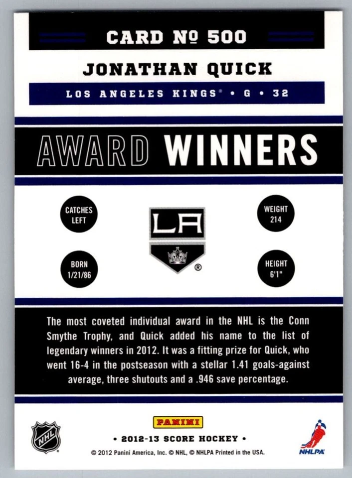 2012-13 Score Jonathan Quick Los Angeles Kings #500 - Image 2 of 2