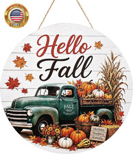 Fall Door Sign, 11.5" Wooden Hello Fall Sign with Lanyard, Autumn Hanger