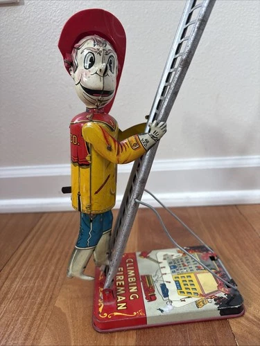 Vintage Marx Climbing Fireman Tin Wind Up Toy - Works!!! READ!