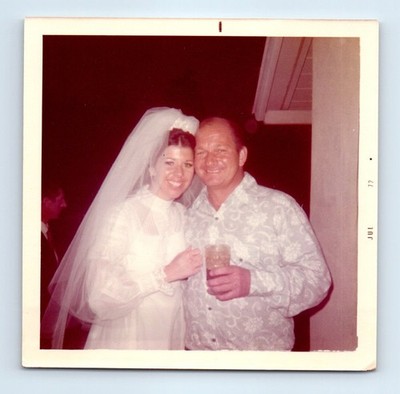 Old Vintage Square Color Photo MAN WOMAN BRIDE WEDDING DRESS SNAPSHOT PIC