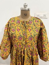 Cotton Yellow Floral Printed Dress Maxi Gown Deep Neck Dress Women's Clothing US