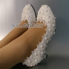 su.cheny white pearl lace Wedding Bridal bride pumps flat wedge heels shoes 5-13